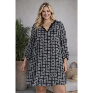 Concepts Shift Dress Womens 4X Plus Black White Geometric Print 3/4 Sleeve Boho